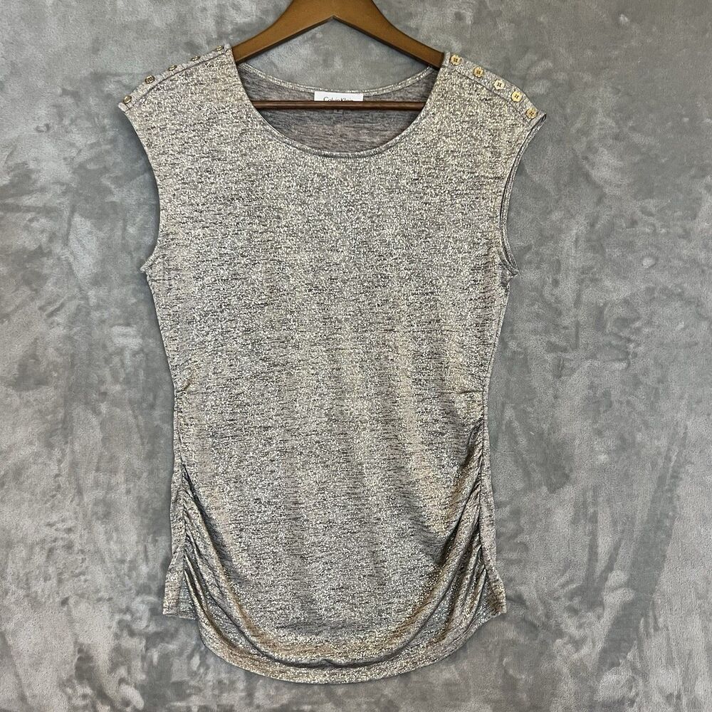 Calvin Klein Sleeveless Top Gold Shimmer Ruched Button Accent Size Small - Picture 4 of 10
